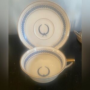A vintage Warwick China "Blue Laurel" pattern teacup and saucer set.